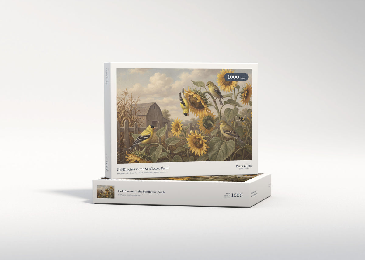 Goldfinches in the Sunflower Patch jigsaw puzzle - gift box
