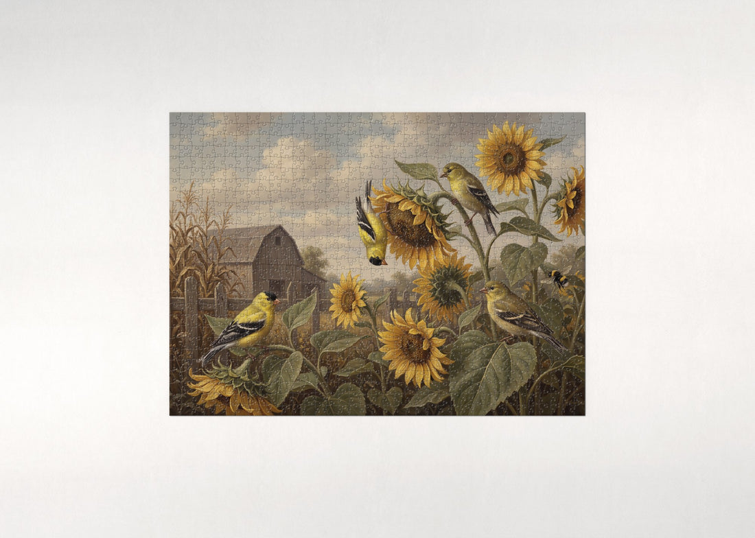 Goldfinches in the Sunflower Patch jigsaw puzzle - gift box