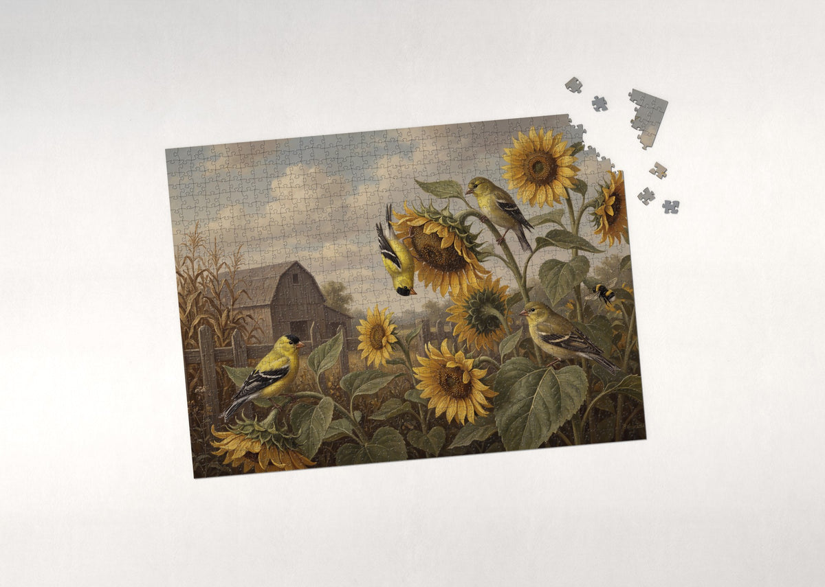 Goldfinches in the Sunflower Patch jigsaw puzzle - puzzle with loose pieces