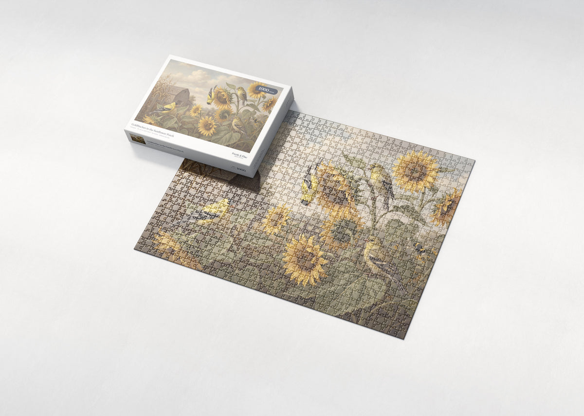 Goldfinches in the Sunflower Patch jigsaw puzzle - box and puzzle