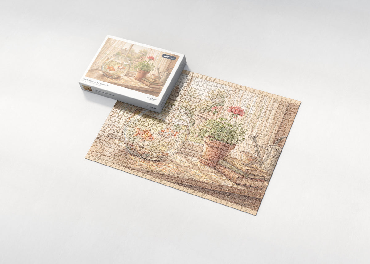 Goldfish Bowl on the Windowsill jigsaw puzzle - box and puzzle