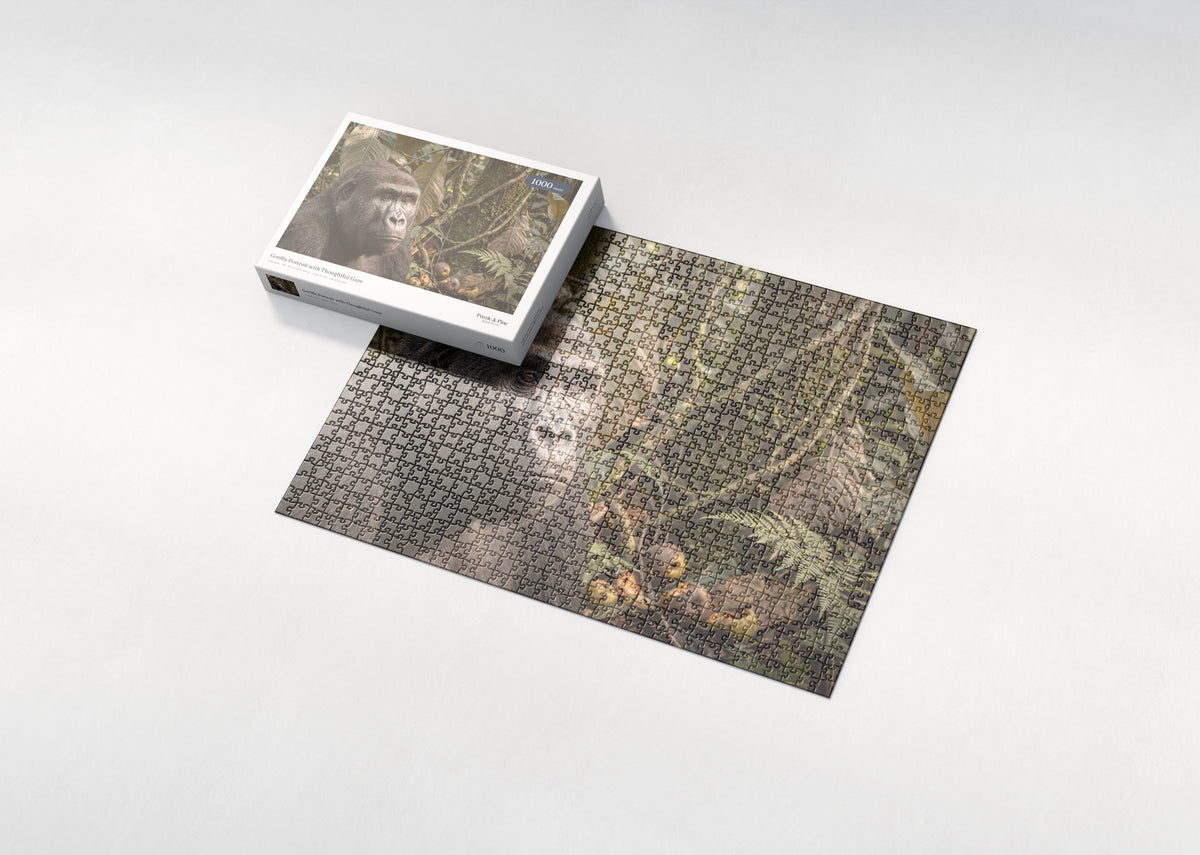 Gorilla Portrait with Thoughtful Gaze jigsaw puzzle - box and puzzle