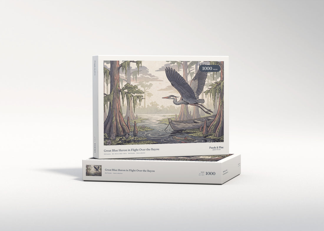 Great Blue Heron in Flight Over the Bayou jigsaw puzzle - gift box