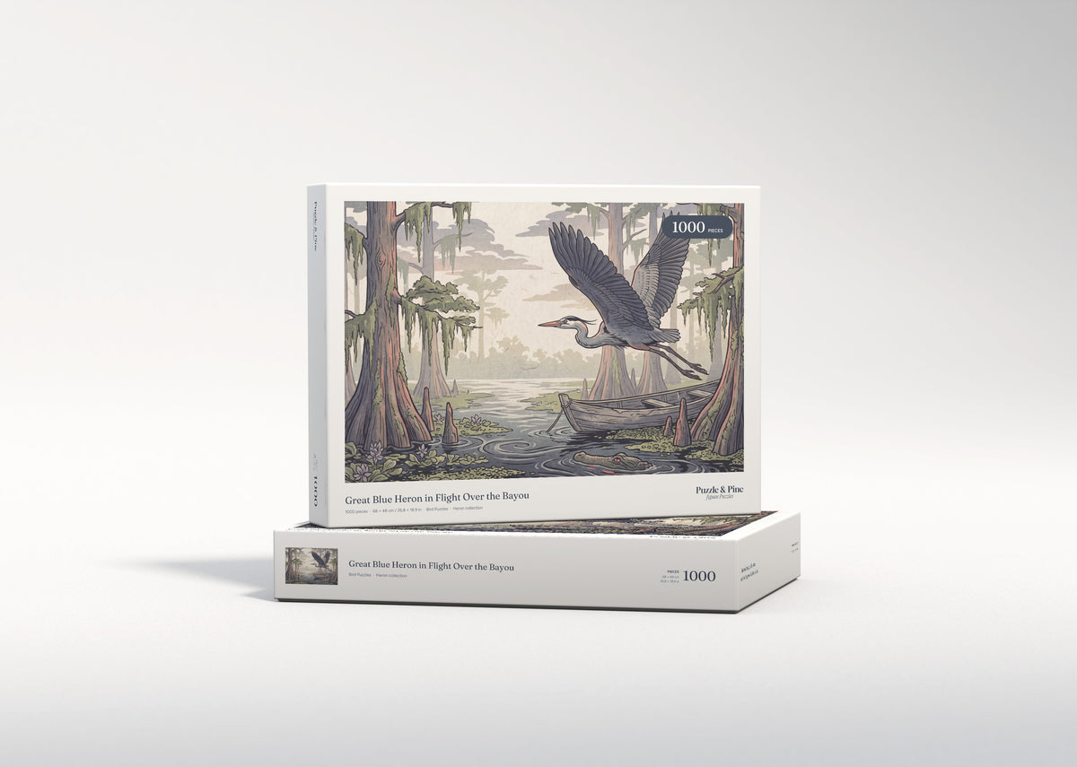 Great Blue Heron in Flight Over the Bayou jigsaw puzzle - gift box
