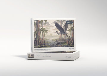 Great Blue Heron in Flight Over the Bayou jigsaw puzzle - gift box