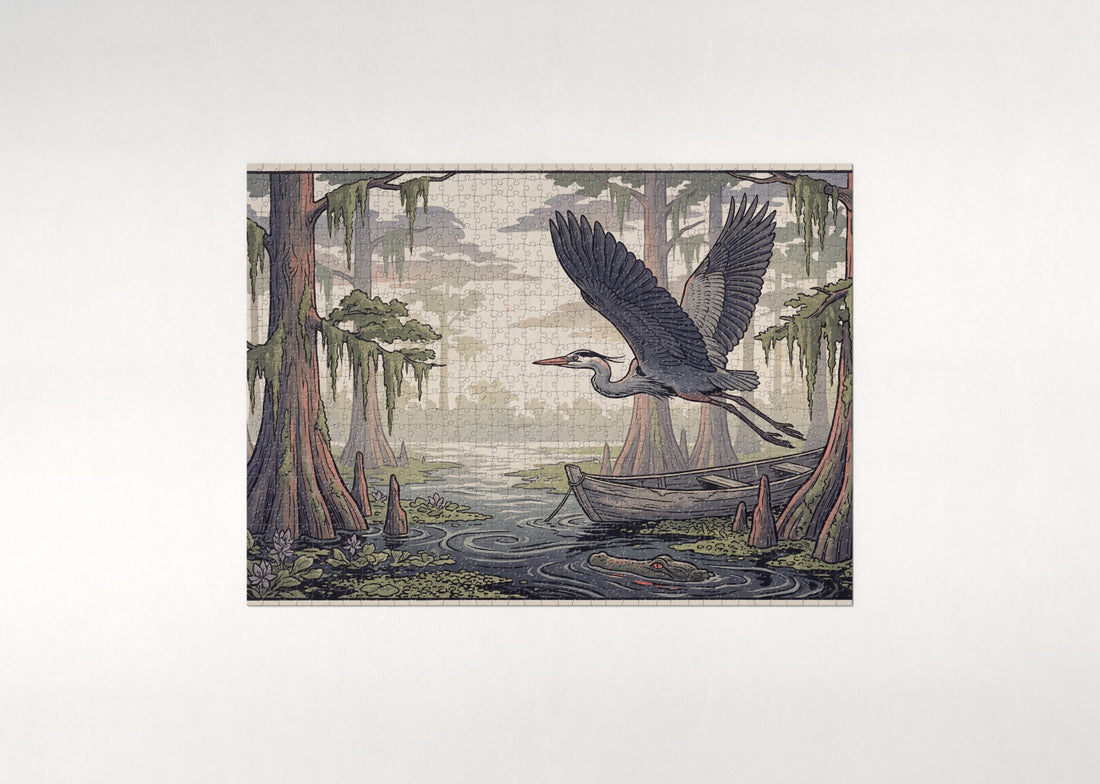 Great Blue Heron in Flight Over the Bayou jigsaw puzzle - gift box