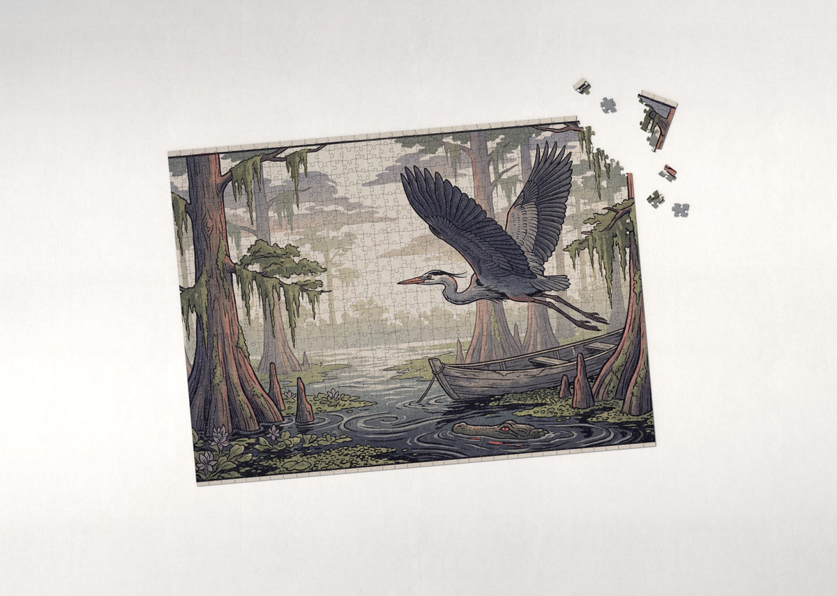Great Blue Heron in Flight Over the Bayou jigsaw puzzle - puzzle with loose pieces