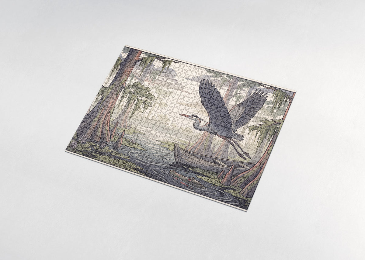 Great Blue Heron in Flight Over the Bayou jigsaw puzzle - assembled puzzle