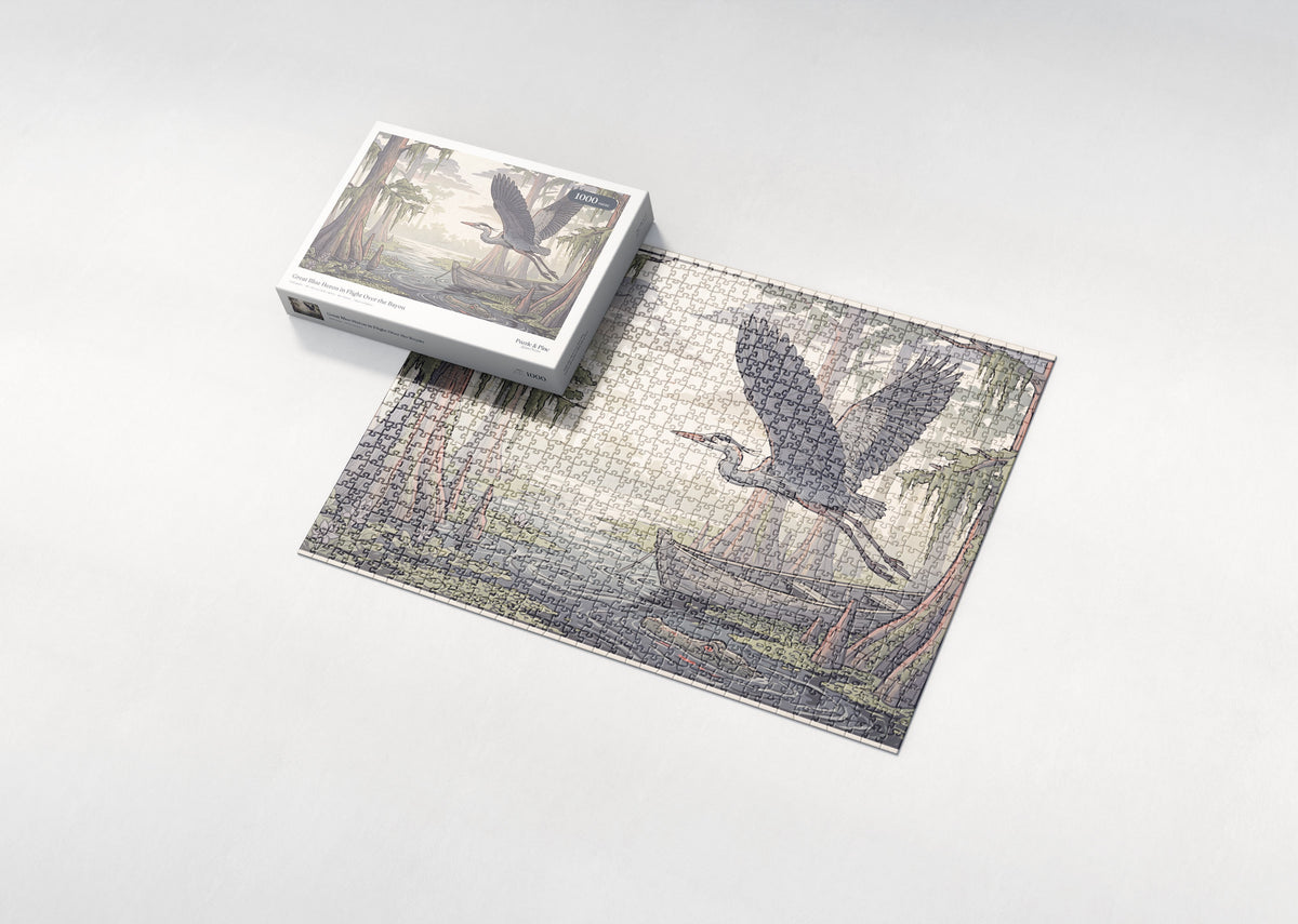 Great Blue Heron in Flight Over the Bayou jigsaw puzzle - box and puzzle