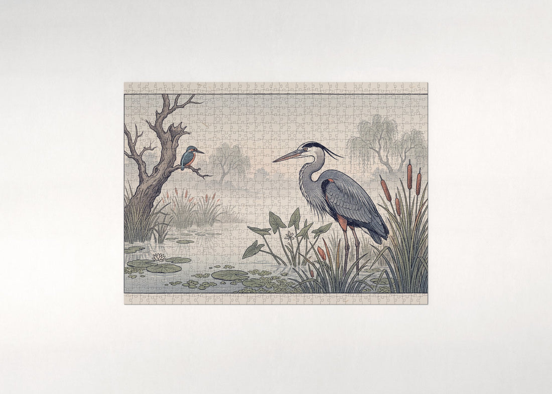 Great Blue Heron in the Misty Wetland jigsaw puzzle - gift box