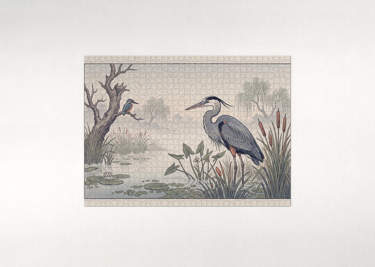 Great Blue Heron in the Misty Wetland jigsaw puzzle - flat puzzle