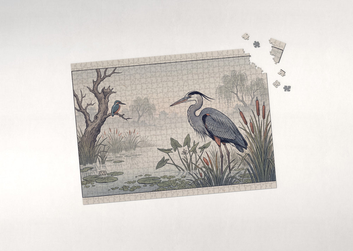 Great Blue Heron in the Misty Wetland jigsaw puzzle - puzzle with loose pieces