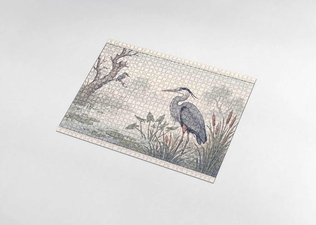 Great Blue Heron in the Misty Wetland jigsaw puzzle - assembled puzzle