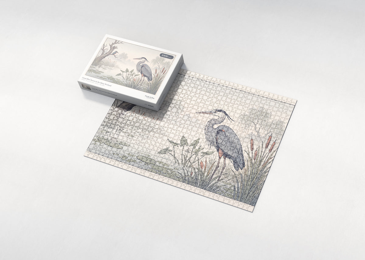Great Blue Heron in the Misty Wetland jigsaw puzzle - box and puzzle