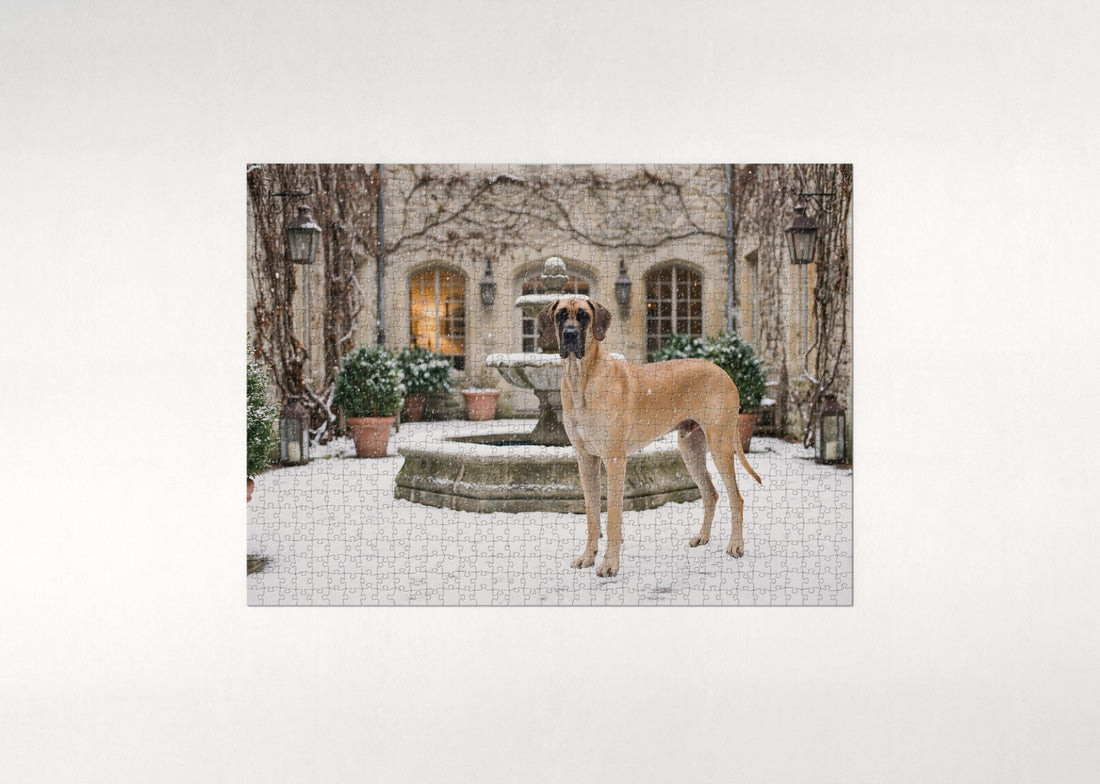 Great Dane First Snow in the Courtyard jigsaw puzzle - gift box