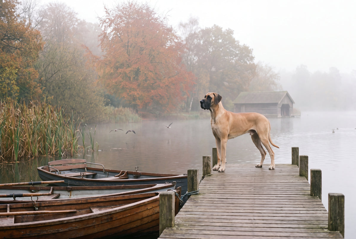 Great Dane on the Misty Lake Pier jigsaw puzzle