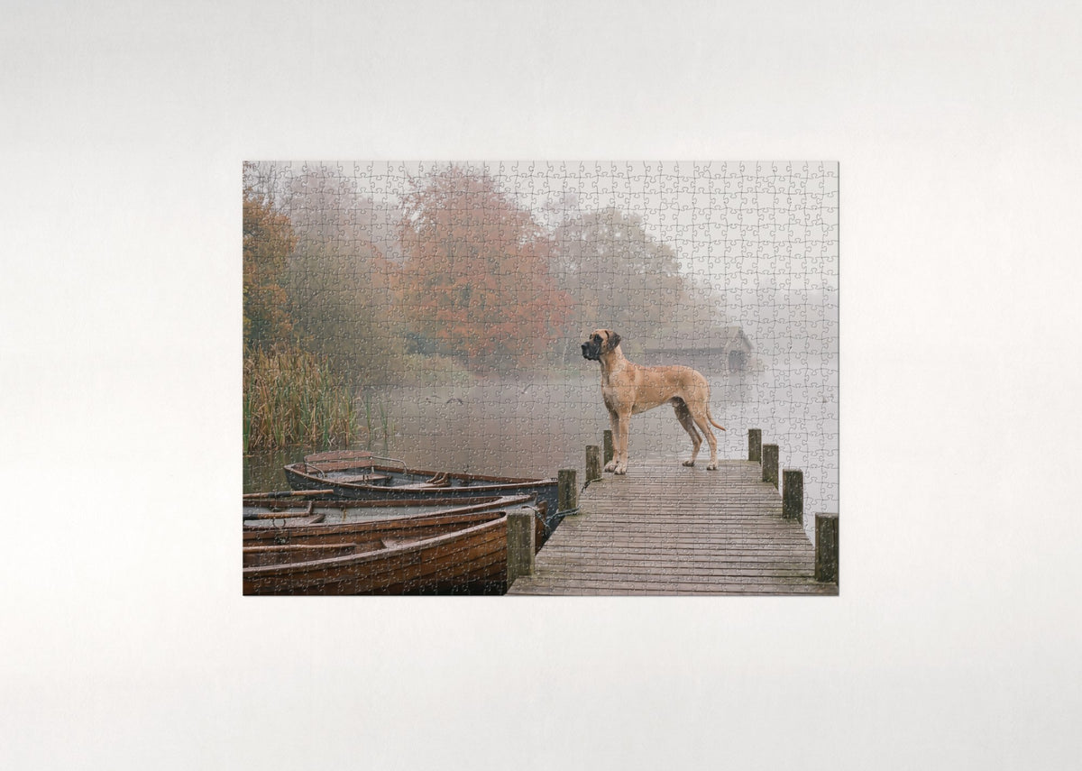 Great Dane on the Misty Lake Pier jigsaw puzzle - flat puzzle