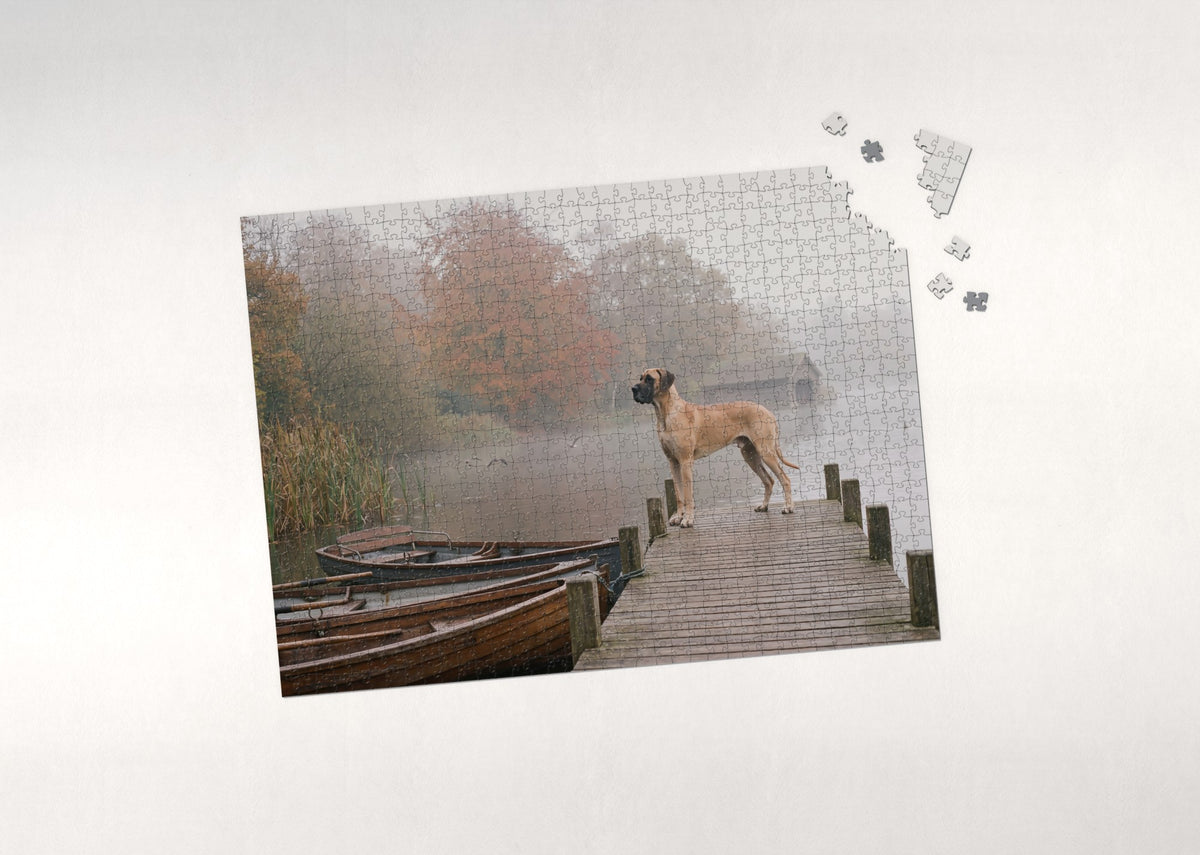 Great Dane on the Misty Lake Pier jigsaw puzzle - puzzle with loose pieces