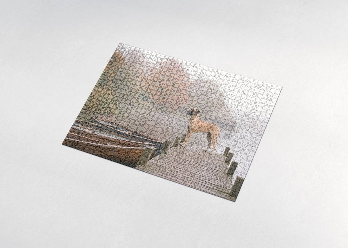 Great Dane on the Misty Lake Pier jigsaw puzzle - assembled puzzle