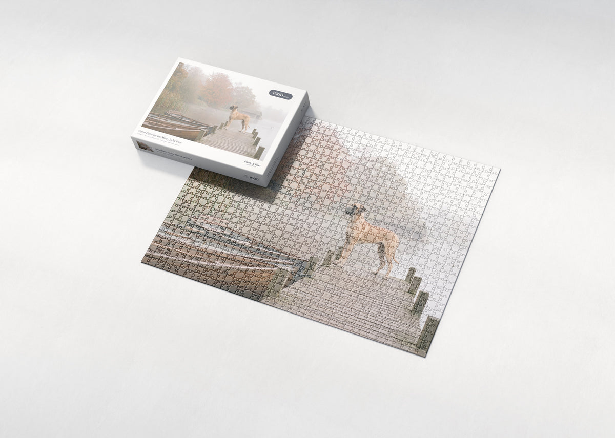 Great Dane on the Misty Lake Pier jigsaw puzzle - box and puzzle