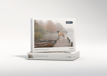 Great Dane on the Misty Lake Pier jigsaw puzzle - gift box