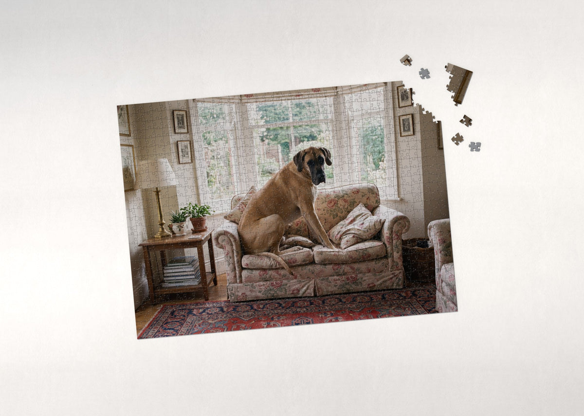 Great Dane on the Tiny Couch jigsaw puzzle - puzzle with loose pieces
