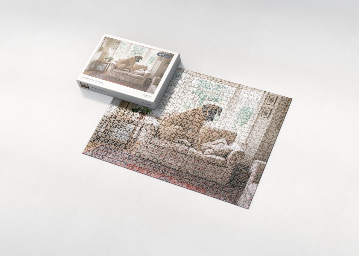 Great Dane on the Tiny Couch jigsaw puzzle - box and puzzle