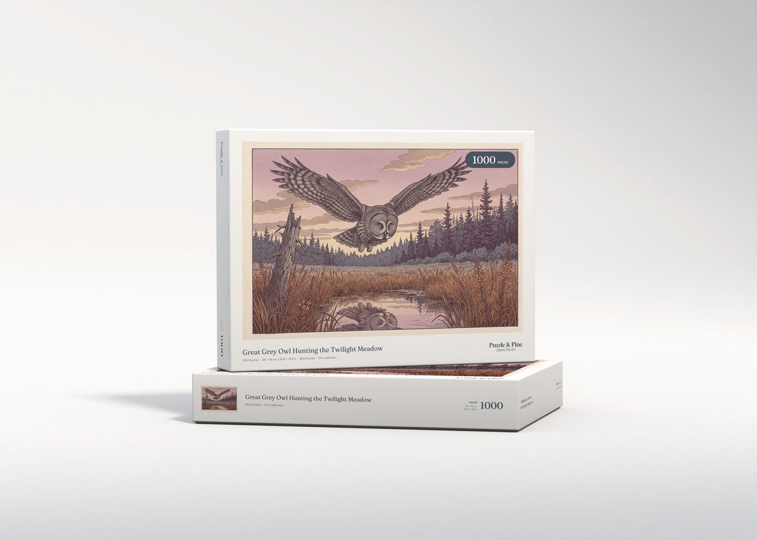 Great Grey Owl Hunting the Twilight Meadow jigsaw puzzle - gift box