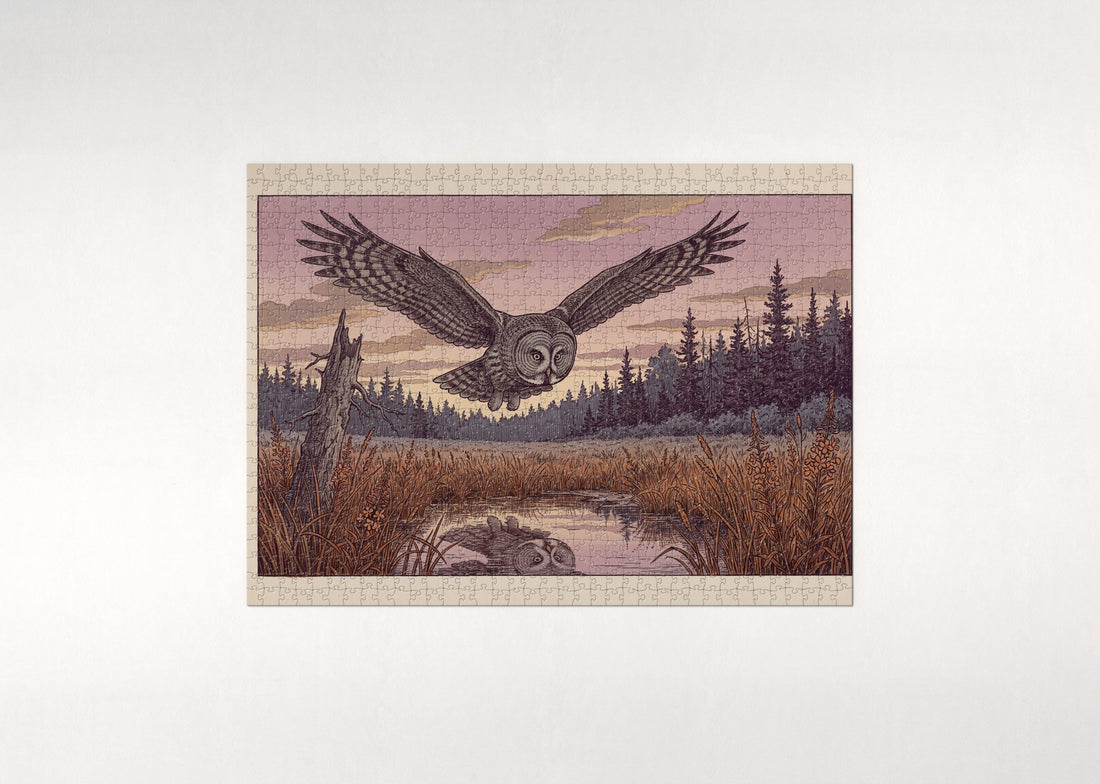 Great Grey Owl Hunting the Twilight Meadow jigsaw puzzle - gift box