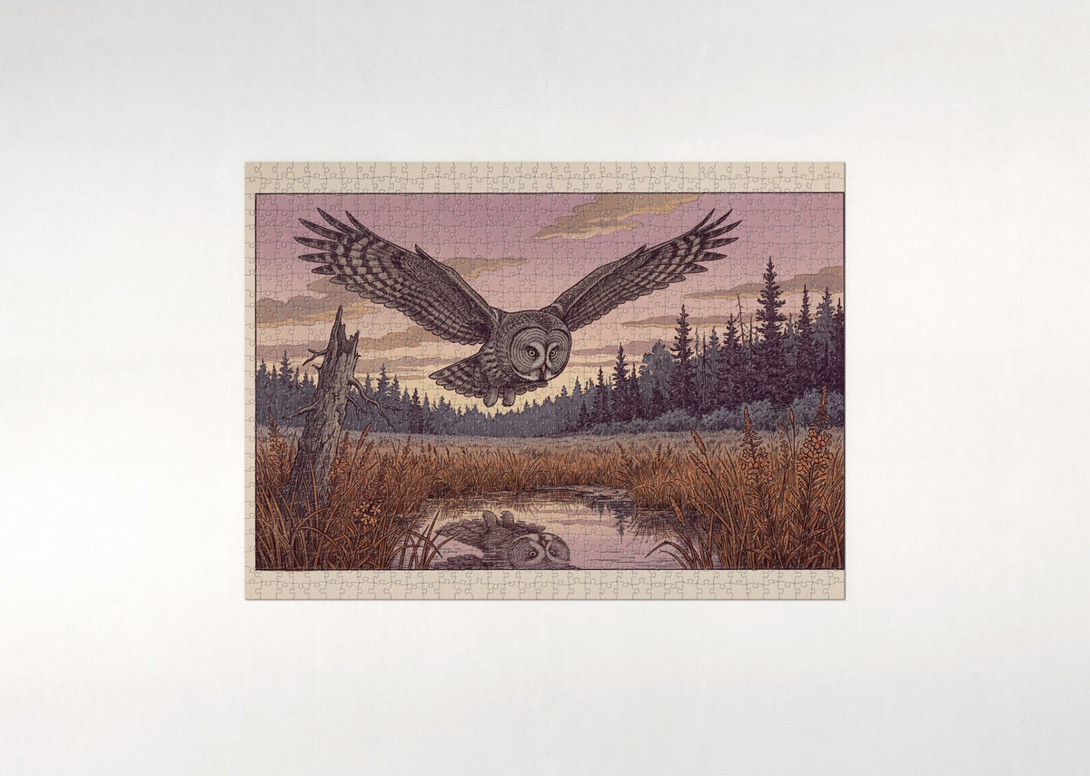 Great Grey Owl Hunting the Twilight Meadow jigsaw puzzle - flat puzzle