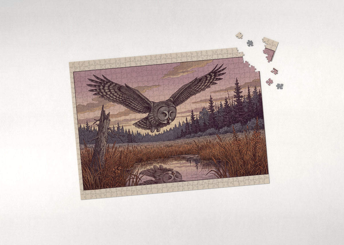 Great Grey Owl Hunting the Twilight Meadow jigsaw puzzle - puzzle with loose pieces