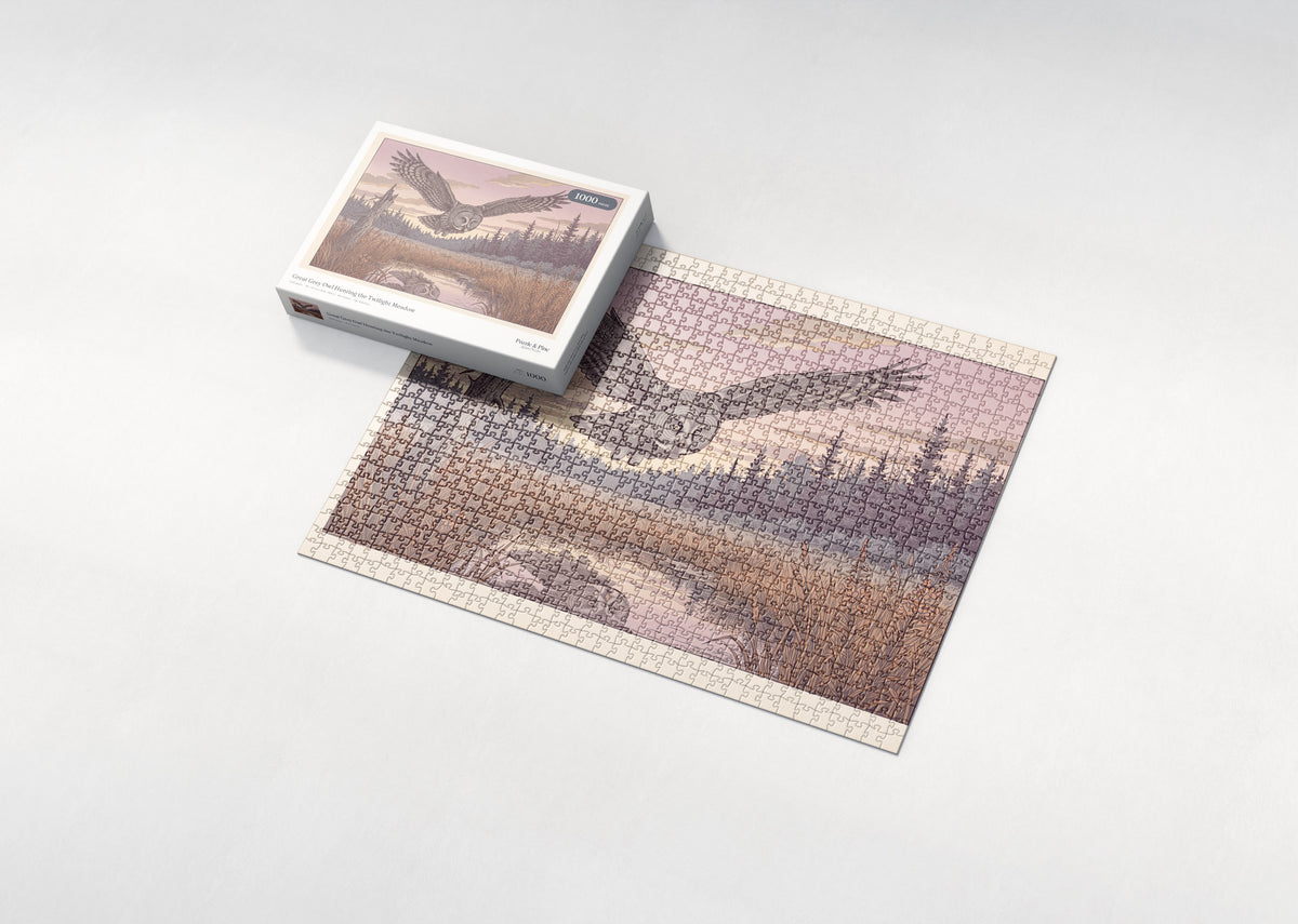 Great Grey Owl Hunting the Twilight Meadow jigsaw puzzle - box and puzzle