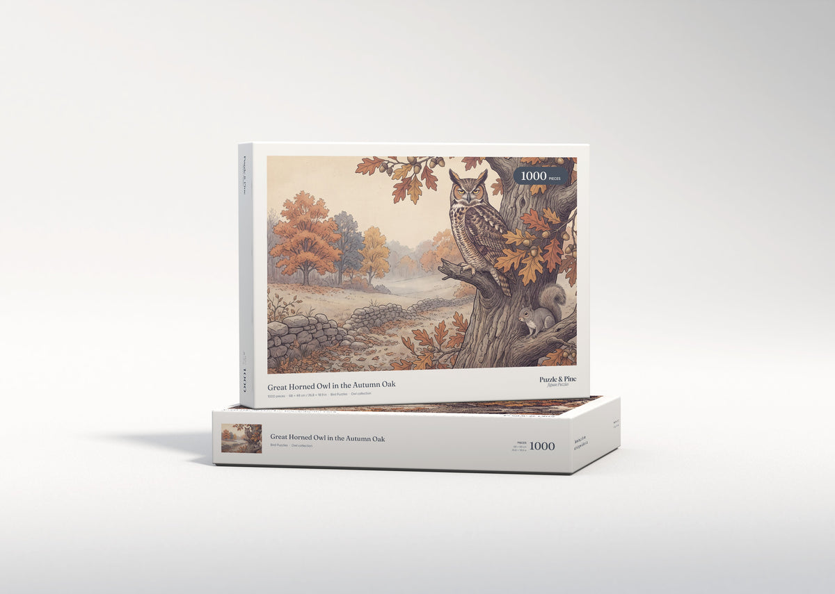 Great Horned Owl in the Autumn Oak jigsaw puzzle - gift box