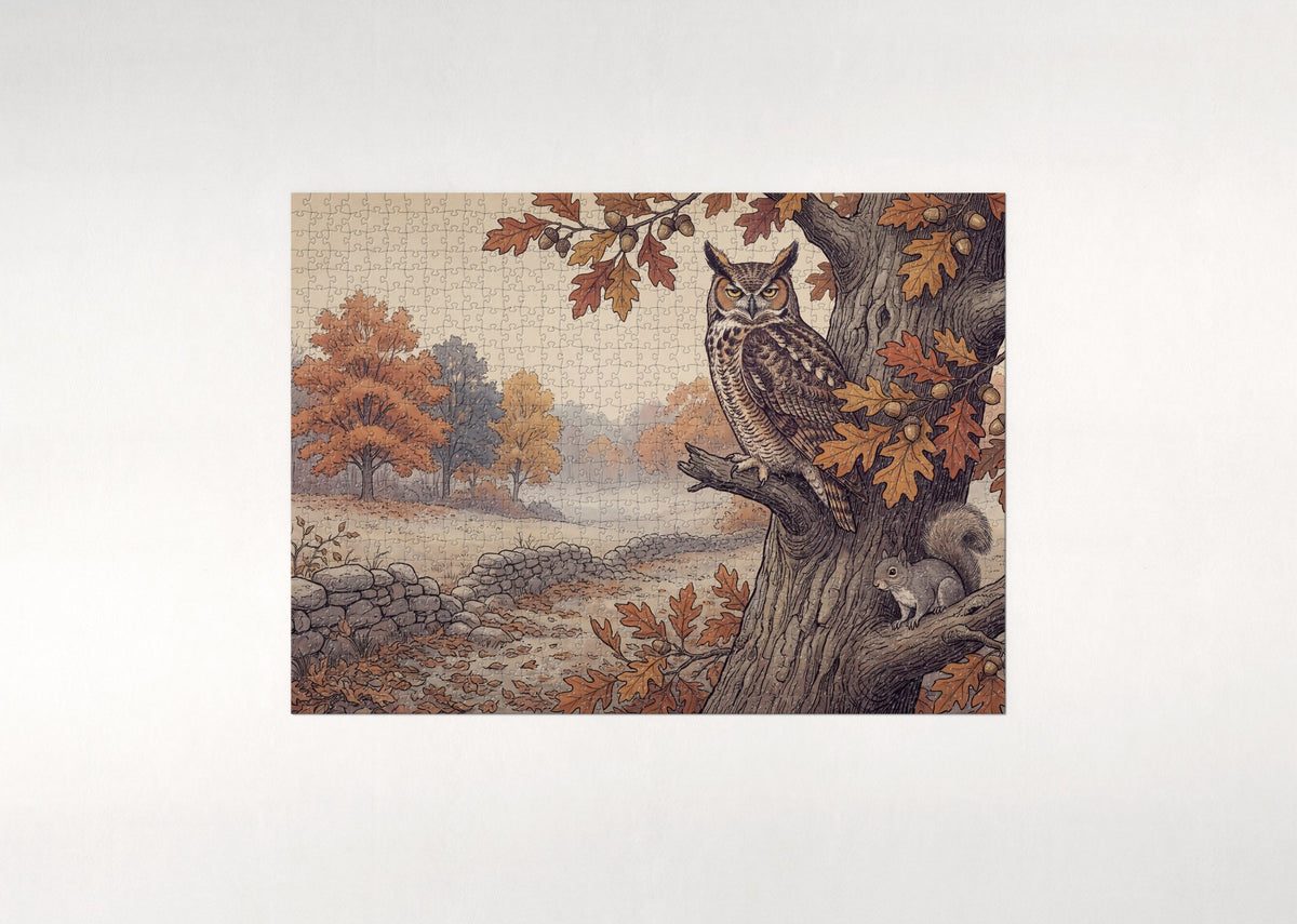 Great Horned Owl in the Autumn Oak jigsaw puzzle - flat puzzle