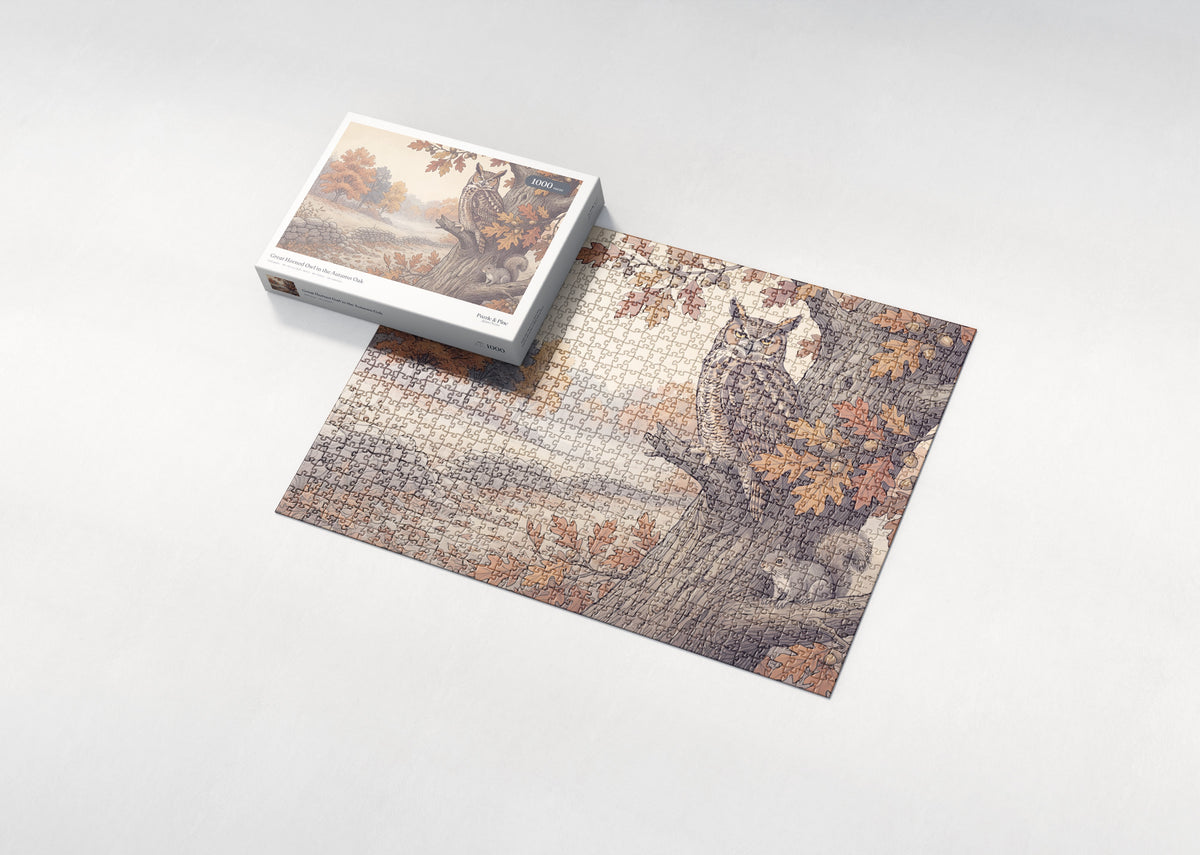 Great Horned Owl in the Autumn Oak jigsaw puzzle - box and puzzle