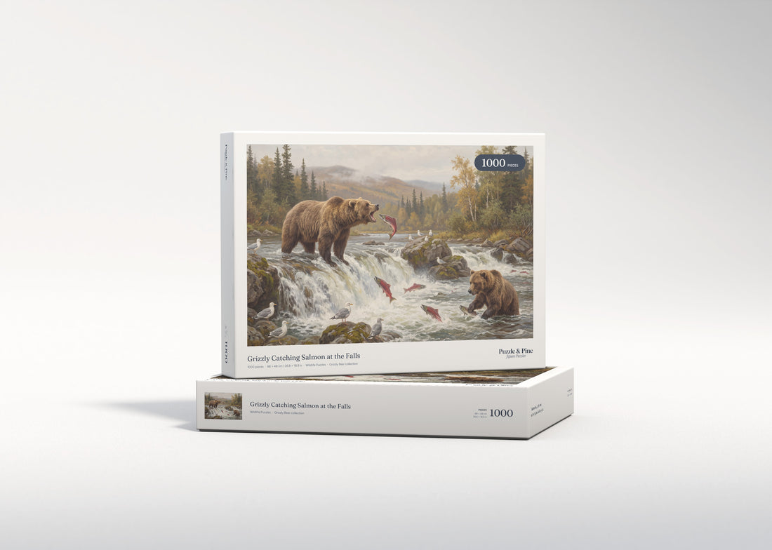 Grizzly Catching Salmon at the Falls jigsaw puzzle - gift box