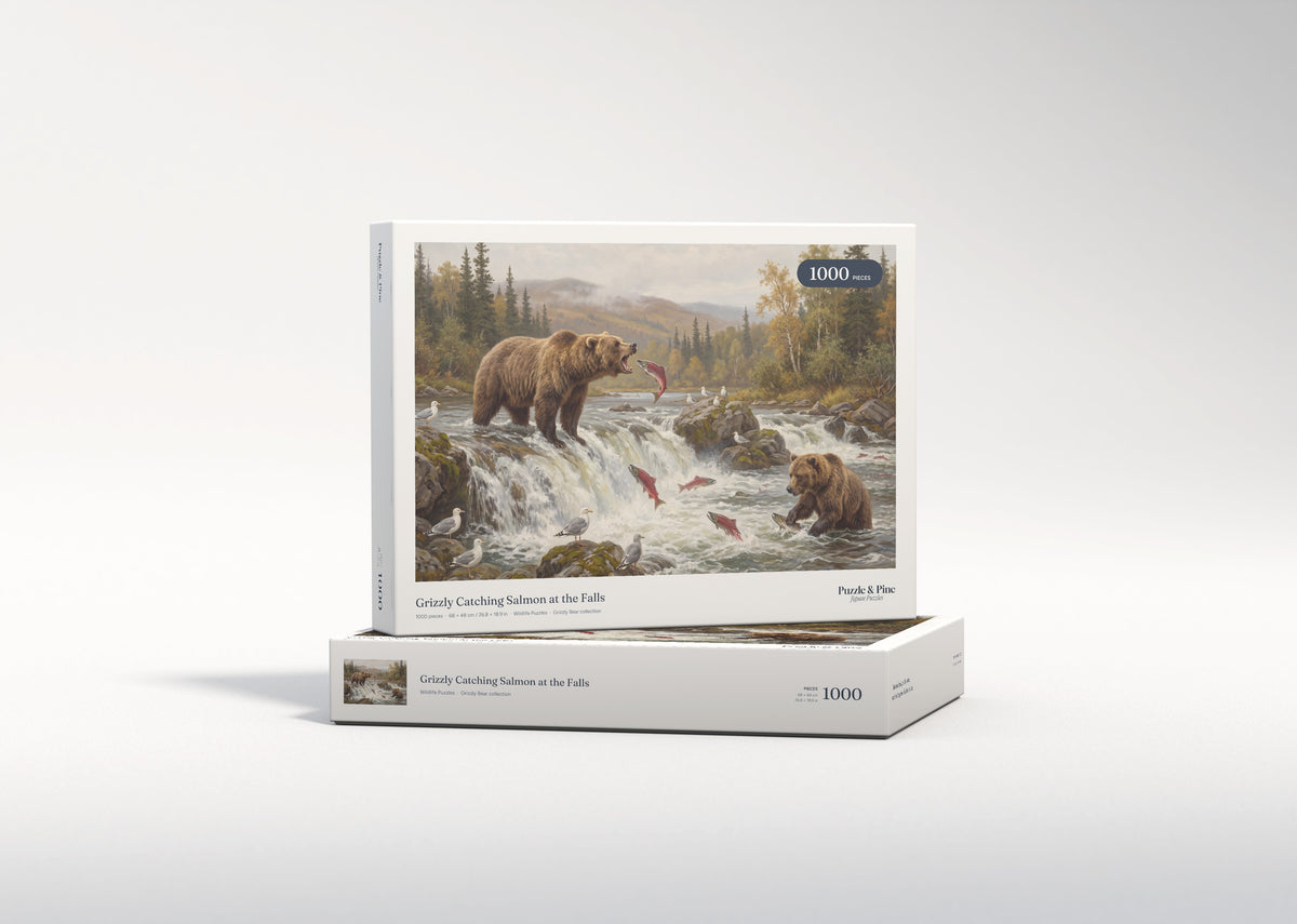 Grizzly Catching Salmon at the Falls jigsaw puzzle - gift box
