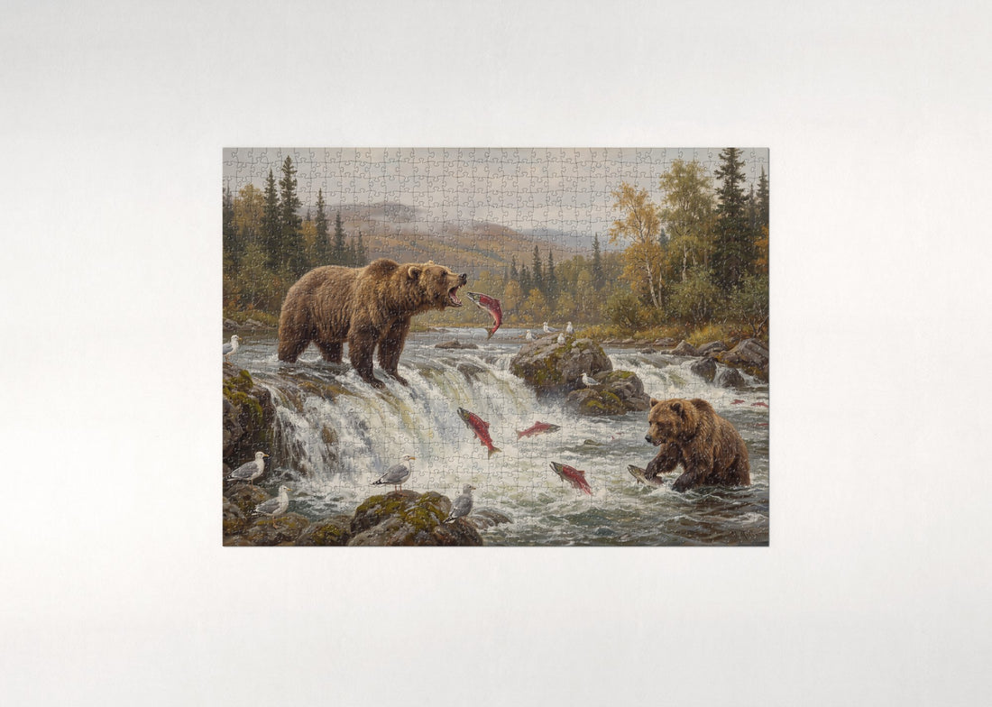 Grizzly Catching Salmon at the Falls jigsaw puzzle - gift box