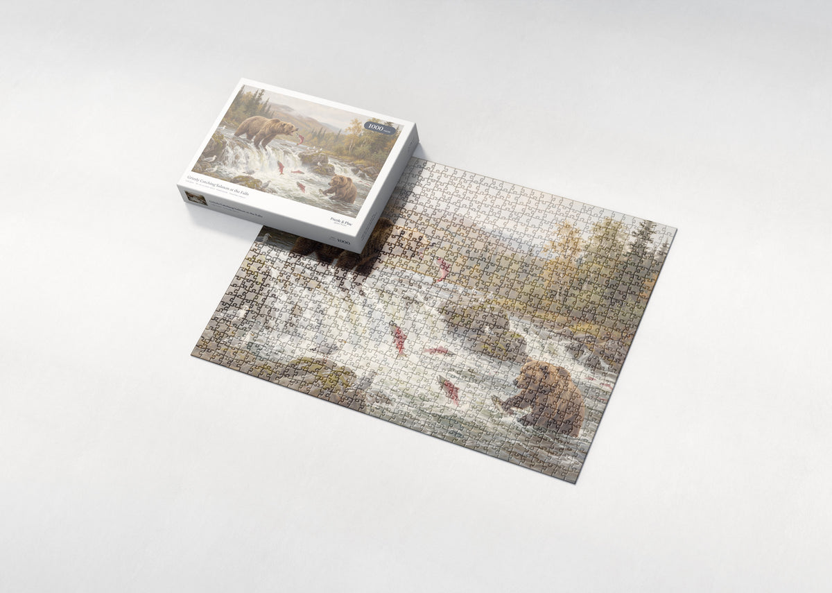 Grizzly Catching Salmon at the Falls jigsaw puzzle - box and puzzle