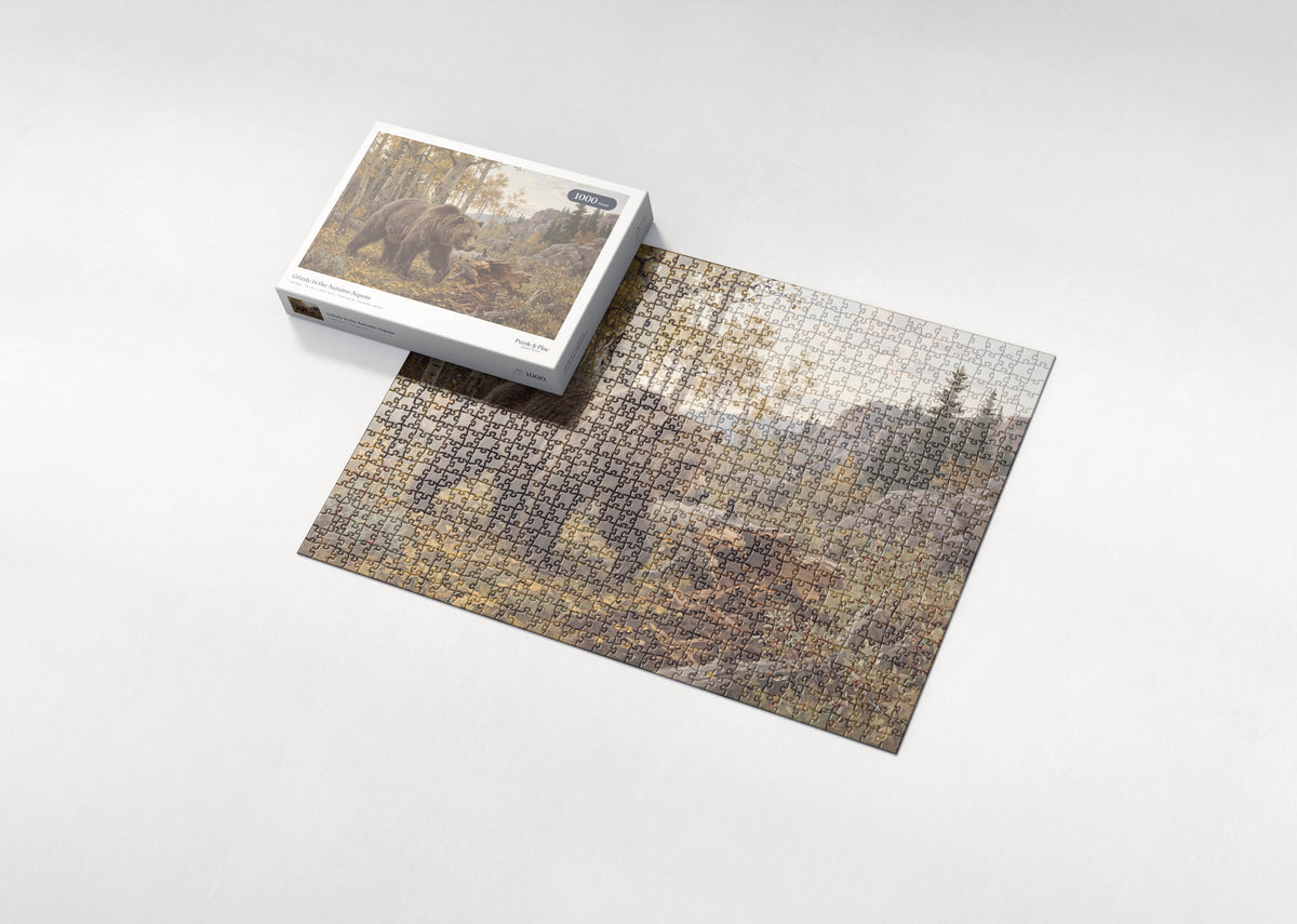 Grizzly in the Autumn Aspens jigsaw puzzle - box and puzzle