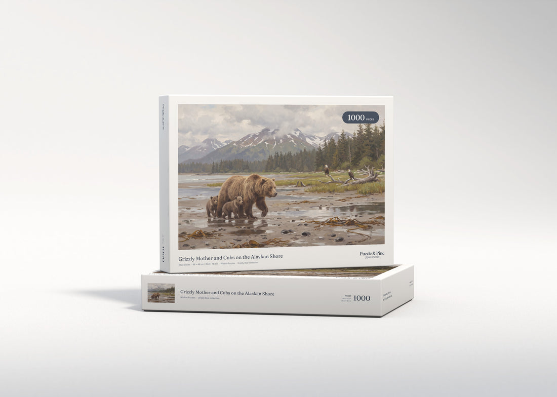 Grizzly Mother and Cubs on the Alaskan Shore jigsaw puzzle - gift box