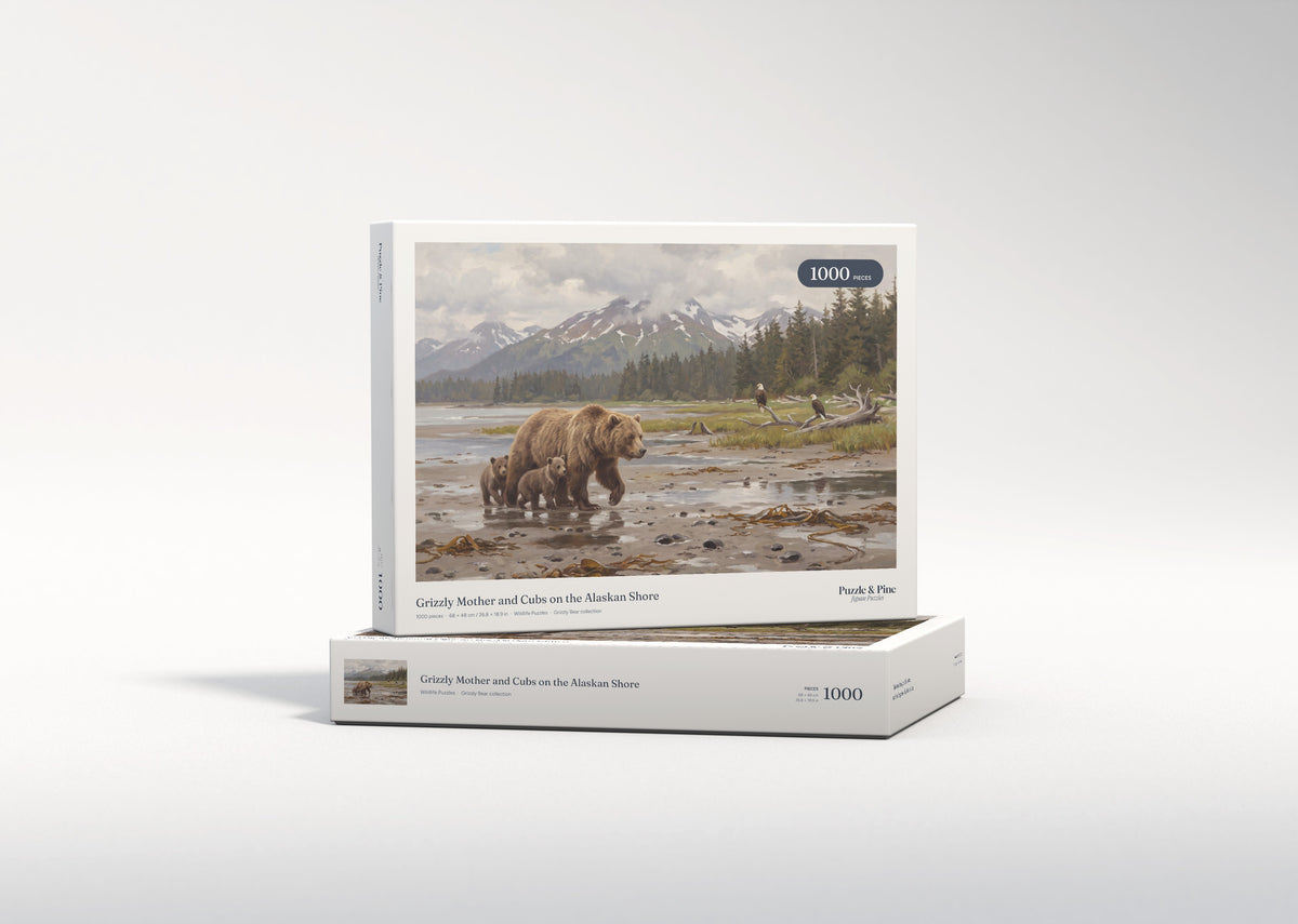 Grizzly Mother and Cubs on the Alaskan Shore jigsaw puzzle - gift box