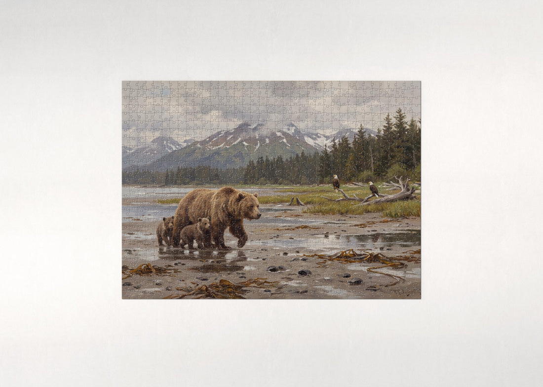 Grizzly Mother and Cubs on the Alaskan Shore jigsaw puzzle - gift box