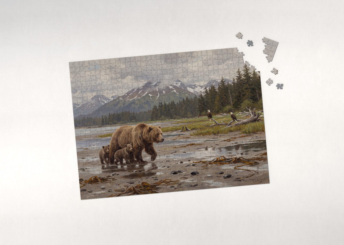 Grizzly Mother and Cubs on the Alaskan Shore jigsaw puzzle - puzzle with loose pieces