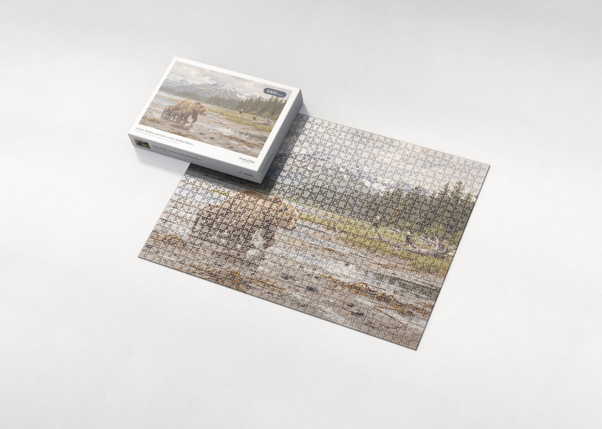 Grizzly Mother and Cubs on the Alaskan Shore jigsaw puzzle - box and puzzle