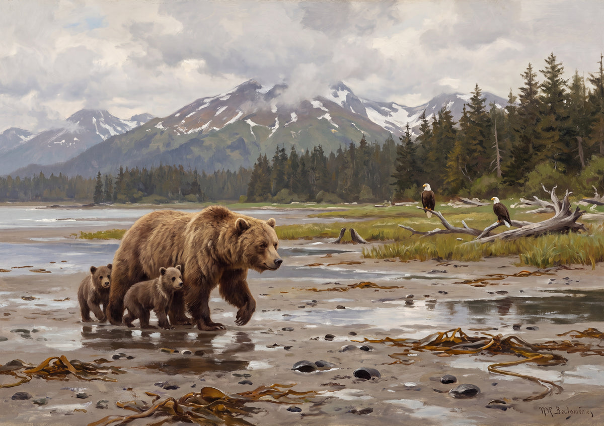 Grizzly Mother and Cubs on the Alaskan Shore jigsaw puzzle