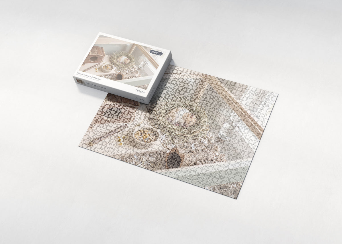 Hamster Sleeping in the Hay Nest jigsaw puzzle - box and puzzle