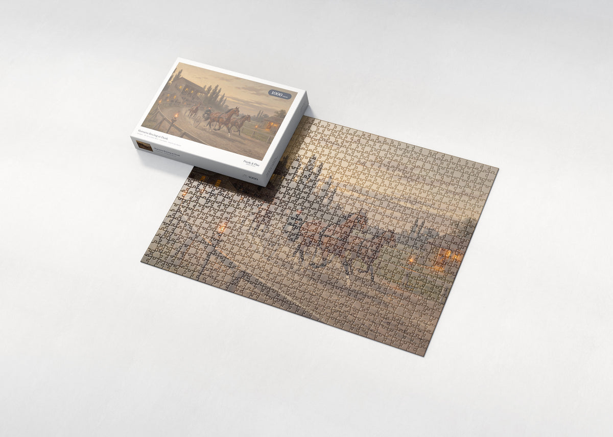 Harness Racing at Dusk jigsaw puzzle - box and puzzle