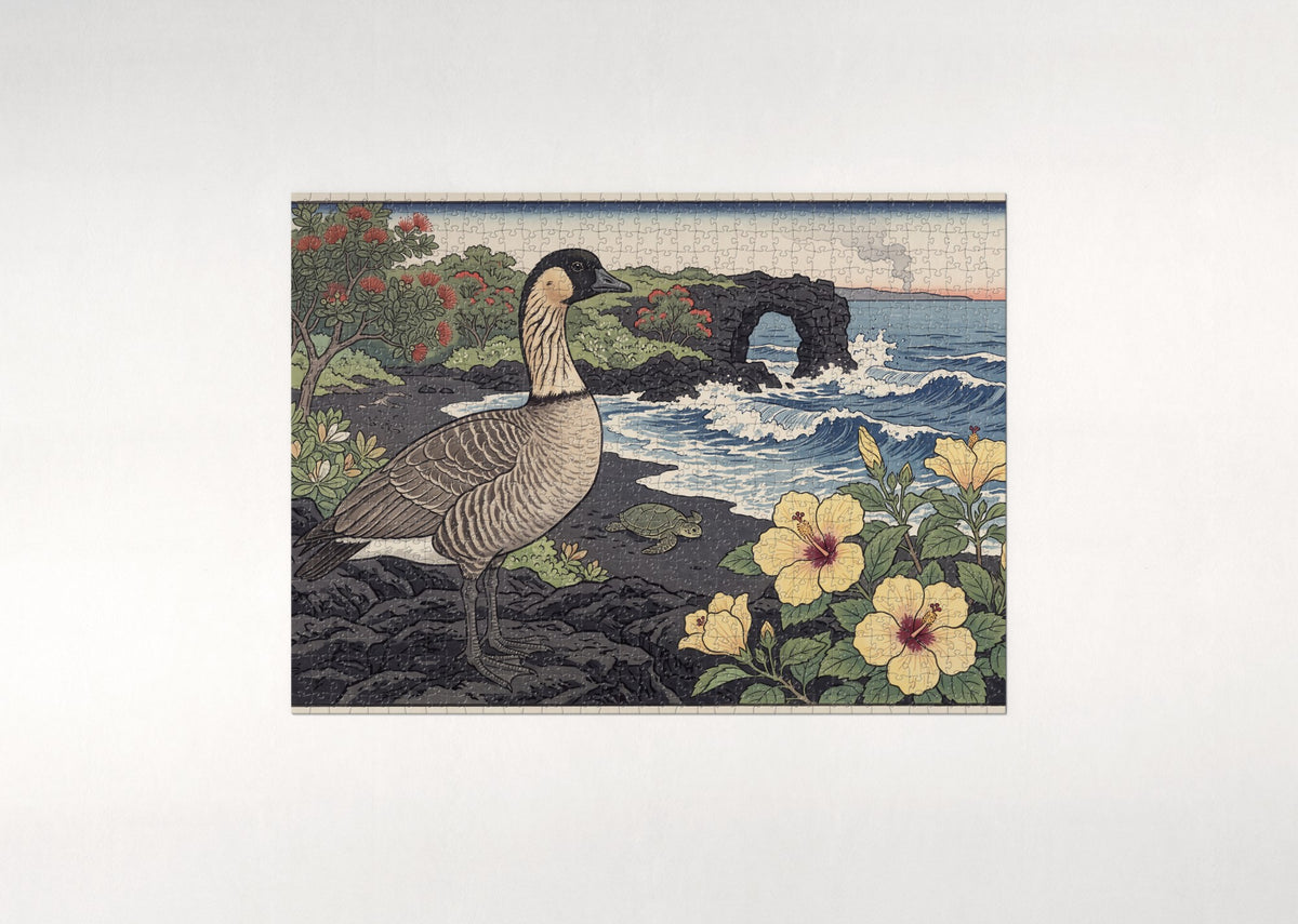 Hawaii State Bird and Flower: Nene Goose and Yellow Hibiscus jigsaw puzzle - flat puzzle