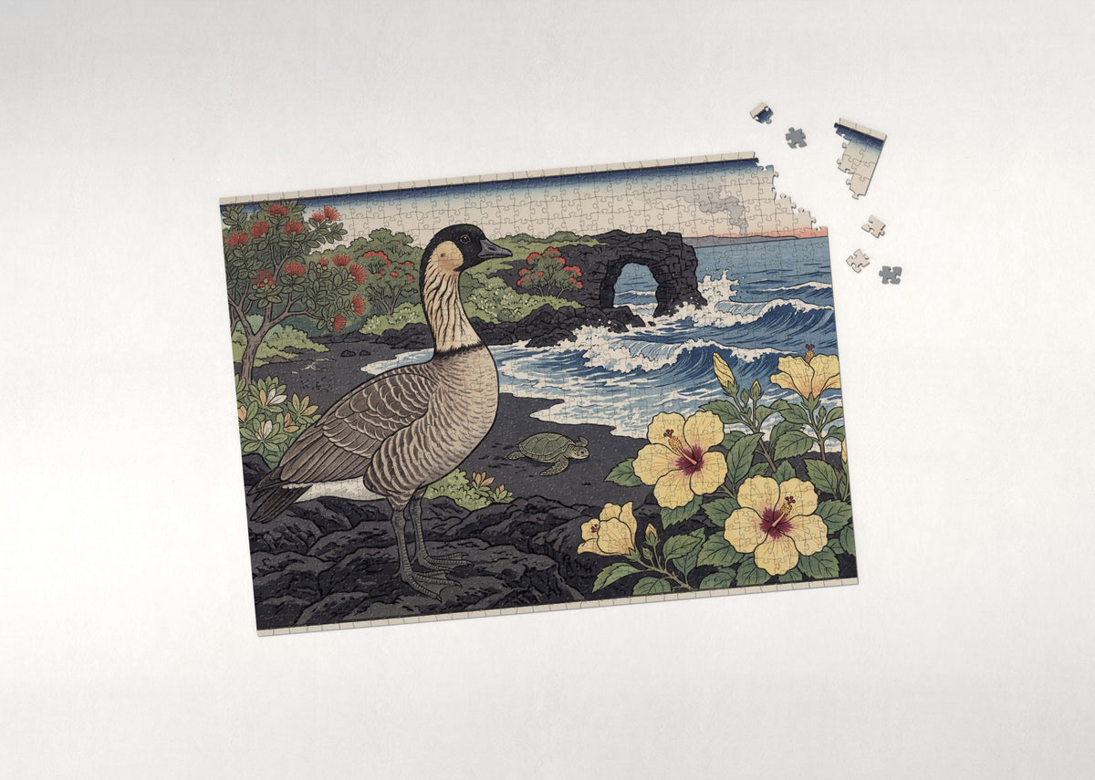 Hawaii State Bird and Flower: Nene Goose and Yellow Hibiscus jigsaw puzzle - puzzle with loose pieces
